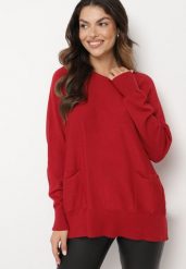Bordowy Sweter z Wiskozą i Kieszeniami Everina. Czerwone swetry Born2be, bez wzorów, z jeansu, eleganckie, bez ramiączek. W wyprzedaży za 59.49 zł.