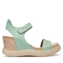 Sandały Fly London. Zielone sandały Fly London, bez wzorów, bez obcasa, na koturnie, bez zapięcia. Za 632.99 zł.