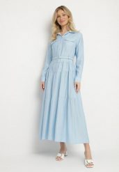 Niebieska Wiskozowa Sukienka Ozdobiona Paskiem i Guzikami Ronitte. Niebieskie sukienki Born2be, na co dzień, l, bez wzorów, z wiskozy, eleganckie, bez kołnierzyka, bez ramiączek, maxi. W wyprzedaży za 135.99 zł.