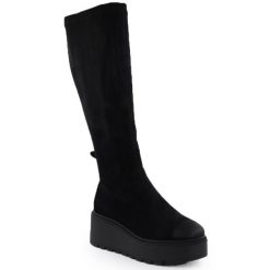 Kozaki damskie na koturnie czarne Vinceza 58342. Czarne kozaki VINCEZA, bez wzorów, ze skóry ekologicznej, bez obcasa, na koturnie, bez zapięcia. Za 229.99 zł.