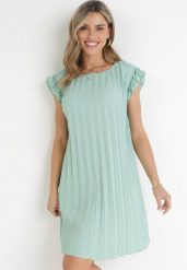 Jasnozielona Pudełkowa Sukienka Mini z Plisowanej Tkaniny z Wiskozy i Bawełny Ematisa. Zielone sukienki Born2be, na imprezę, l, bez wzorów, z bawełny, eleganckie, bez kołnierzyka, bez ramiączek, mini. W wyprzedaży za 42.49 zł.
