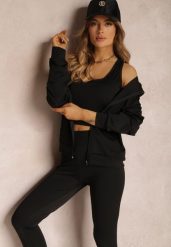 Czarny Komplet Dresowy 3-częściowy z Legginsami Bluzą i Topem Heri. Czarne bluzy Renee, l, bez wzorów, z dresówki, z kapturem, na fitness i siłownię. Za 79.99 zł.