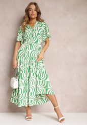 Zielono-Beżowa Sukienka Maxi z Wiskozy z Odkrytymi Plecami i Falbankami Jayliana. Zielone sukienki Renee, l, bez wzorów, z materiału, bez kołnierzyka, bez ramiączek, maxi. W wyprzedaży za 160.99 zł.
