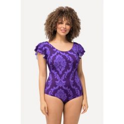Damski Kostium kąpielowy ornamenty falbanki na ramionach miękkie miseczki. Fioletowe stroje jednoczęściowe Ulla Popken, bez wzorów, z elastanu, sportowe. Za 244.99 zł.