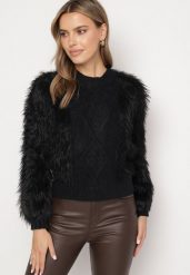 Czarny Sweter z Wełną o Wzorzystym Splocie z Ozdobną Fakturą Mirilena. Czarne swetry Born2be, bez wzorów, z wełny, eleganckie, bez ramiączek. Za 64.99 zł.