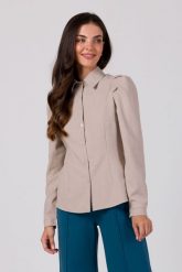Stylowa Koszula z Zakładkami na Ramionach - Beżowa. Brązowe koszule MOE, l, bez wzorów, z materiału, eleganckie, bez kołnierzyka, bez ramiączek. Za 276.90 zł.