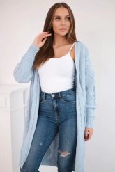 Sweter Kardigan z warkoczowym splotem błękitny. Niebieskie swetry KESI, l, bez wzorów, z wełny, biznesowe, plus size, bez ramiączek. Za 178.78 zł.