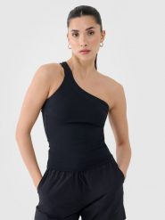 4F Crop-top slim z asymetrycznym ramiączkiem damski - czarny S. Czarne topy 4f, s, bez wzorów, z dzianiny, sportowe, z asymetrycznym kołnierzem, bez ramiączek. W wyprzedaży za 39.99 zł.