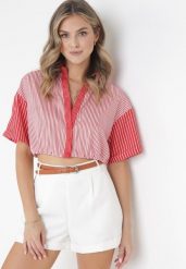 Czerwona Krótka Retro Bluzka w Paski na Guziki Shodi. Czerwone bluzki Born2be, bez wzorów, retro, bez kołnierzyka, bez ramiączek. Za 89.99 zł.