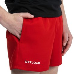 Spodenki do rugby z kieszeniami dla dzieci Offload R100. Czarne szorty OFFLOAD, bez wzorów, z materiału, klasyczne. Za 39.99 zł.