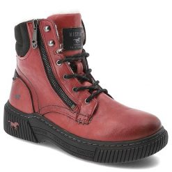 Czerwone Botki Mustang Ocieplane Stylowe Obuwie Damskie. Czerwone botki Mustang, bez wzorów, z materiału, eleganckie, bez obcasa, bez zapięcia. Za 289.00 zł.