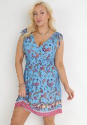 Niebieska Sukienka Rozkloszowana z Kopertowym Dekoltem Shanely. Niebieskie sukienki Born2be, l, bez wzorów, bez kołnierzyka, bez ramiączek, mini, kopertowe. Za 79.99 zł.