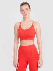 4F Biustonosz treningowy z niskim wsparciem - czerwony M/L. Czerwone biustonosze sportowe 4f, bez wzorów, z dzianiny, na fitness i siłownię. W wyprzedaży za 89.99 zł.