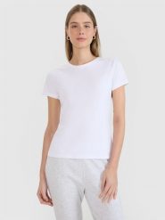 4F T-shirt slim z nadrukiem damski - biały L. Białe t-shirty 4f, l, bez wzorów, z bawełny, klasyczne, bez kołnierzyka, bez ramiączek. Za 49.99 zł.