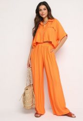 Pomarańczowy Wiskozowy Komplet 2-Częściowy Luźna Koszula Spodnie z Szerokimi Nogawkami Ulvitela. Brązowe koszule Born2be, bez wzorów, z wiskozy, eleganckie, bez kołnierzyka, bez ramiączek. Za 159.99 zł.