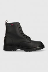 Tommy Jeans botki Tommy Jeans Lace Up Flat Boot damskie kolor czarny na płaskim obcasie. Czarne botki Tommy Jeans, bez wzorów, z gumy, z okrągłym noskiem, bez obcasa, na płaskiej podeszwie, bez zapięcia. W wyprzedaży za 429.99 zł.