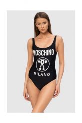MOSCHINO Czarny strój kąpielowy z białym logo. Czarne stroje jednoczęściowe MOSCHINO, bez wzorów, z poliamidu. W wyprzedaży za 429.99 zł.