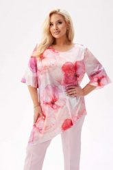 Elegancka tunika Liliana z asymetrycznym krojem w kwiaty w odcieniach bieli i różu PLUS SIZE XXL. Czerwone tuniki Moda Size Plus Iwanek, plus size, bez wzorów, z elastanu, eleganckie, z asymetrycznym kołnierzem, bez ramiączek. Za 239.90 zł.