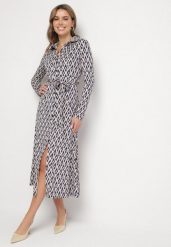 Niebieska Sukienka Koszulowa z Wiskozą i Paskiem w Geometryczny Wzór Erilvessa. Niebieskie sukienki Born2be, na co dzień, l, bez wzorów, z wiskozy, eleganckie, bez kołnierzyka, bez ramiączek, midi, koszulowe. W wyprzedaży za 139.99 zł.