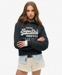 Luźna bluza z kapturem metalicznym Vl. Czarne bluzy Superdry, bez wzorów, z bawełny, bez ramiączek, z kapturem. Za 297.70 zł.