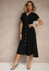 Czarna Wiskozowa Sukienka Koszulowa z Guzikami i Wiązaniem w Talii Velazia. Czarne sukienki Renee, na co dzień, l, bez wzorów, z materiału, eleganckie, bez kołnierzyka, bez ramiączek, midi, koszulowe. W wyprzedaży za 107.99 zł.