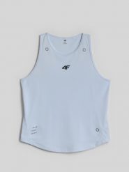 4F Top treningowy regular szybkoschnący damski - niebieski L. Niebieskie topy sportowe 4f, l, bez wzorów, na fitness i siłownię. Za 99.99 zł.
