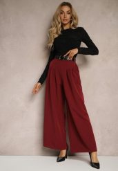 Bordowe Eleganckie Szerokie Spodnie Garniturowe z Wiskozą Ozdobione Paskiem Ravinae. Czerwone jeansy Renee, l, bez wzorów, z jeansu, biznesowe, z podwyższonym stanem. W wyprzedaży za 75.99 zł.