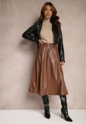 Brązowa Rozkloszowana Spódnica z Imitacji Skóry High Waist Evirenas. Brązowe spódnice Renee, m, bez wzorów, z materiału, midi, rozkloszowane. W wyprzedaży za 159.99 zł.
