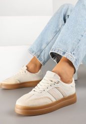 Beżowe Sneakersy Tenisówki Ozdobione Paskami Falaviela. Brązowe trampki Renee, bez wzorów, z jeansu, eleganckie, bez zapięcia. W wyprzedaży za 83.99 zł.