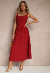 Bordowa Rozkloszowana Sukienka z Wiskozy Milunisa. Czerwone sukienki Renee, na co dzień, m, bez wzorów, z jeansu, eleganckie, bez kołnierzyka, bez ramiączek, maxi, rozkloszowane. W wyprzedaży za 67.99 zł.
