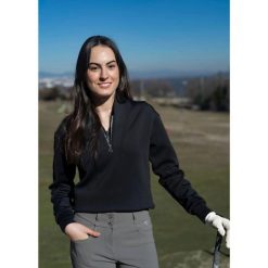 Damski golfowy sweter Swinley – Miękki, elastyczny, szybkoschnący half-zip. Czarne swetry FLAIRWAY GOLF, bez wzorów, z tkaniny, eleganckie, bez ramiączek. Za 362.00 zł.