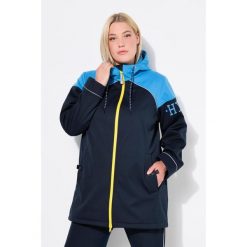 Damskie Długa kurtka softshell hydrofobowa 2-kierunkowy zamek błyskawiczny. Niebieskie kurtki przejściowe sportowe Ulla Popken, plus size, bez wzorów, z materiału, bez kaptura, trekkingowe. W wyprzedaży za 479.99 zł.