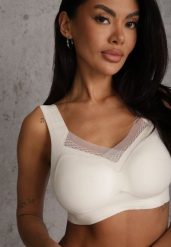 Biały Sportowy Biustonosz z Usztywnieniem Ozdobiony Siateczkową Wstawką Edalissa. Białe biustonosze sportowe Renee, bez wzorów, na jogę i pilates. Za 24.99 zł.