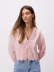 Bluzka z wiązaniem - brzoskwiniowy. Pomarańczowe bluzki Reserved, l, bez wzorów, z bawełny, bez kołnierzyka, bez ramiączek. Za 119.99 zł.