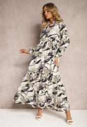 Biała Sukienka o Rozkloszowanym Fasonie w Abstrakcyjny Print Aganotha. Białe sukienki Renee, na spotkanie biznesowe, l, z aplikacjami, eleganckie, bez kołnierzyka, bez ramiączek, maxi, rozkloszowane. W wyprzedaży za 119.99 zł.
