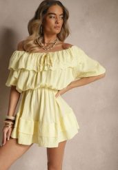 Żółta Sukienka z Bawełny Ozdobiona Ażurową Falbaną Ranisse. Żółte sukienki Renee, na co dzień, z aplikacjami, z bawełny, eleganckie, bez kołnierzyka, bez ramiączek, mini. W wyprzedaży za 111.99 zł.