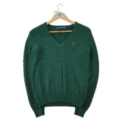 Second life - Sweter damski z warkoczowym splotem Polo Ralph Lauren - Jak nowy. Zielone swetry Ralph Lauren, l, bez wzorów, ze splotem, eleganckie, bez ramiączek. Za 255.56 zł.