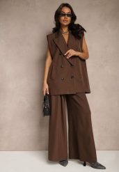 Brązowe Eleganckie Spodnie Palazzo z Szerokimi Nogawkami Adivisa. Brązowe jeansy Renee, bez wzorów, z jeansu, eleganckie, z podwyższonym stanem. W wyprzedaży za 62.99 zł.