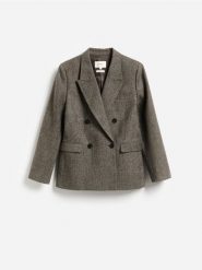 Dwurzędowa marynarka z wełną - ciemnobrązowy. Brązowe marynarki i żakiety Reserved, l, bez wzorów, z tkaniny, bez ramiączek. Za 459.99 zł.