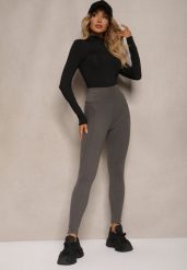 Ciemnoszare Legginsy High Waist z Metaliczną Ozdobą Batila. Szare legginsy Renee, z aplikacjami, z jeansu, eleganckie. W wyprzedaży za 27.99 zł.
