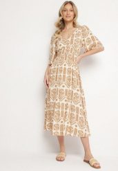 Ciemnobeżowa Sukienka Wiskozowa Rozkloszowana z Odkrytymi Plecami w Print Boho Turaisa. Brązowe sukienki Born2be, na co dzień, l, bez wzorów, z wiskozy, boho, bez kołnierzyka, bez ramiączek, midi, proste. Za 89.99 zł.