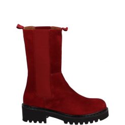 BORDOWE BOTKI 40407 VELO BURDE. Czerwone botki Venezia, bez wzorów, ze skóry, bez obcasa, bez zapięcia. Za 299.00 zł.