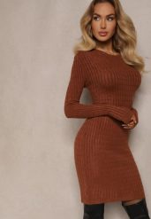 Brązowa Mini Sukienka z Dzianinowego Materiału o Prążkowanej Fakturze i Dopasowanym Kroju Theresia. Brązowe sukienki Renee, bez wzorów, z bawełny, bez kołnierzyka, bez ramiączek, mini, dopasowane. W wyprzedaży za 63.99 zł.
