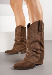 Brązowe Botki Kowbojki z Cholewką Imitującą Nogawkę Zellaxie. Brązowe botki Renee, z aplikacjami, z jeansu, boho, bez obcasa, na obcasie, bez zapięcia. Za 139.99 zł.