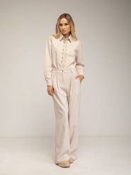 Tantra Spodnie w kolorze beżowym rozmiar: L. Brązowe spodnie materiałowe Tantra, bez wzorów, z materiału, z podwyższonym stanem. Za 208.99 zł.