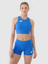 4F Biustonosz treningowy ze średnim wsparciem damski - niebieski S. Niebieskie biustonosze sportowe 4f, bez wzorów, z dzianiny, do biegania. Za 129.99 zł.
