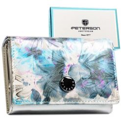 Wielokolorowy portfel damski w roślinny wzór, zamykany zatrzaskiem PTN PX30-1-NPK Peterson. Niebieskie portfele bez wzorów, ze skóry. Za 109.99 zł.