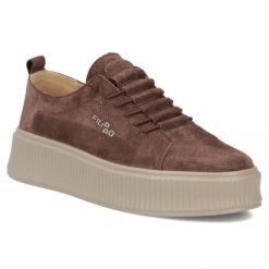 Skórzane półbuty damskie zamszowe sneakersy brązowe Filippo DP8343. Brązowe półbuty wsuwane Filippo, bez wzorów, ze skóry, sportowe, bez obcasa. Za 209.99 zł.
