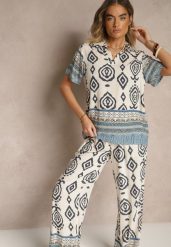Niebieski Komplet z Wiskozy Luźne Spodnie i Bluzka w Print Boho Ralkio. Niebieskie bluzki Renee, l, bez wzorów, z materiału, boho, bez kołnierzyka, bez ramiączek. W wyprzedaży za 95.99 zł.