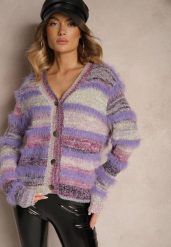 Fioletowy Rozpinany Kardigan z Wiskozą i Wełną w Paski Esamara. Fioletowe swetry Renee, bez wzorów, z jeansu, eleganckie, bez ramiączek. W wyprzedaży za 55.99 zł.